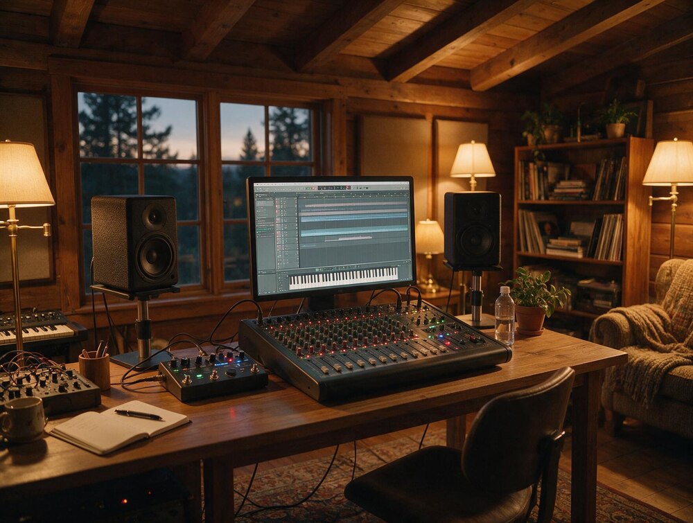 Inspelningsdesk med dator, mixer och looper