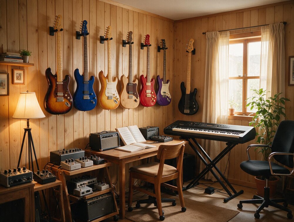 Elgitarrer och keyboard i studion