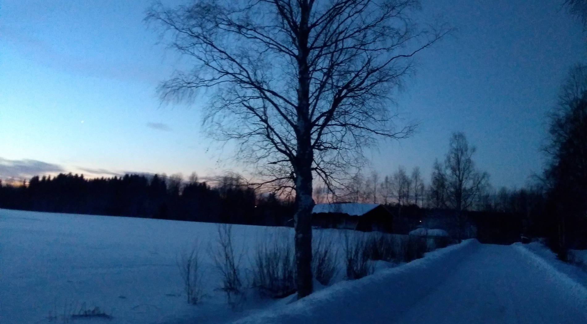 Vintervägen vid gården i skymningen