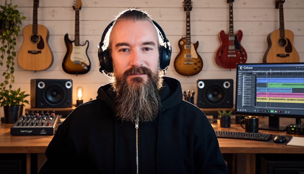 Vid mixerbordet, gitarrväggen och Cubase i bakgrunden